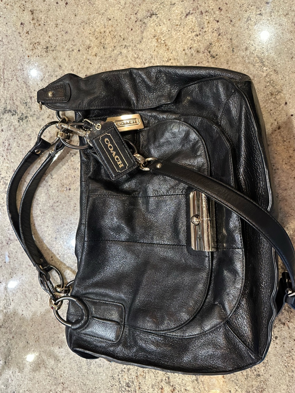 Coach Black Textured Leather Turnlock Gold Detail Shoulder Bag & Satchel